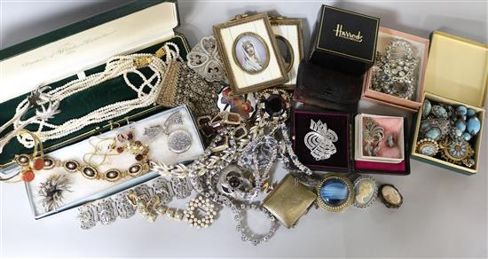 A quantity of costume jewellery, including marcasite, paste, a pair of miniatures etc in 2 boxes.